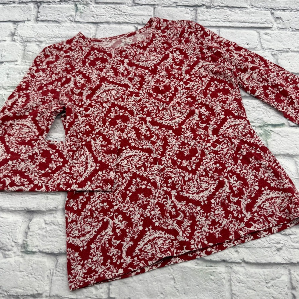 Talbots Womens Red White Damask Paisley Long Sleeve Crew Neck T-Shirt Size S